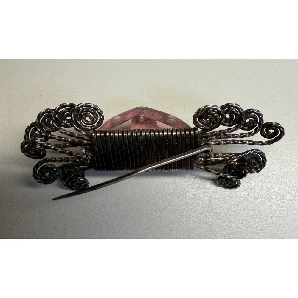 Vintage 1940s Pink Lucite Cameo Brooch Pin Hand Wrapped Wire Filigree Wings
